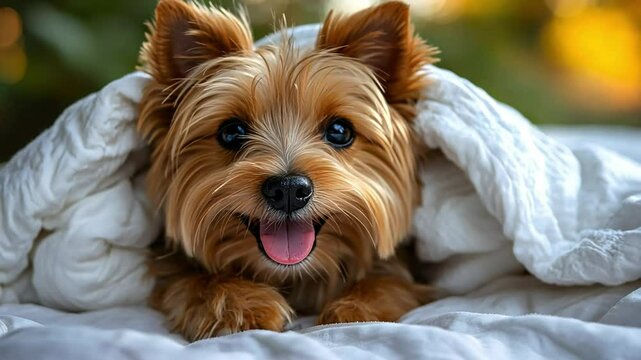Adorable Yorkshire Terrier Puppy Wrapped in a Cozy White Blanket