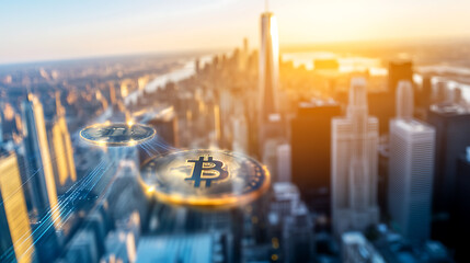 Bitcoin trading action above city skyline financial hub digital currency urban environment aerial view btc investment concept