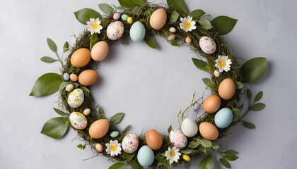 A circular floral Easter wreath with leaves and small eggs, leaving the center blank for text. 