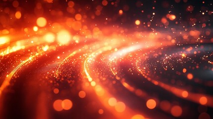Abstract swirling fiery orange and red glowing particles and bokeh lights background.