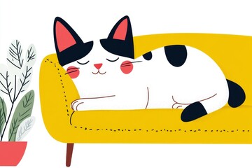 a 2D cartoon illustration of a cat sleeping on a couch, cozy and relaxed, white background