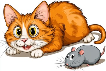 a 2D cartoon illustration of a cat sneaking up on a toy mouse, playful and stealthy, white background