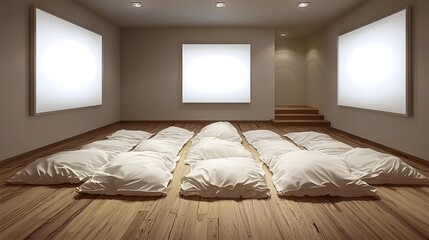 Minimalist Interior Design with White Pillows and Soft Lighting in Modern Space