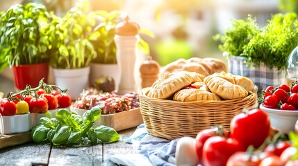 Vibrant Kitchen Scene with Fresh Vegetables and Baked Cookies Surrounded by Lush Herbs and Sunlight
