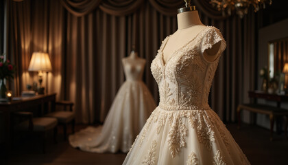 Fototapeta premium Elegant beaded wedding dress on mannequin in boutique, timeless beauty