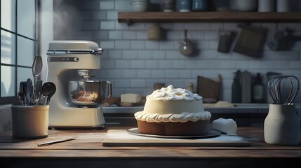 A beautifully decorated cake sits on a wooden table in a cozy kitchen with baking tools and warm light