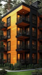Naklejka premium Modern Orange Brick Apartment Building In Forest