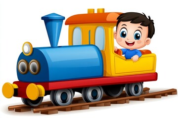 a 2D cartoon illustration of a child playing with a toy train on tracks, fun and adventurous, white background