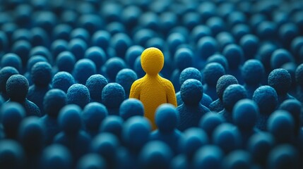 Obraz premium Group of People in a Row – All Blue Except One Yellow 