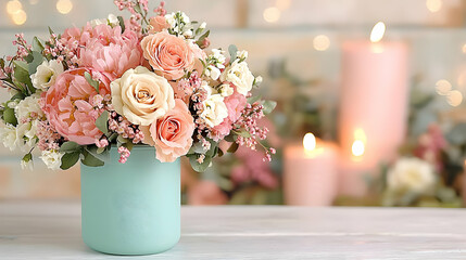 Obraz premium Bouquet of pink roses and peonies in a turquoise vase arranged on a table with burning candles and warm bokeh lights.