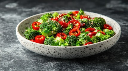 Vibrant broccoli and red pepper salad on speckled plate, dark background