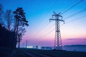 Fototapeta premium Pylon Silhouetted Against a Twilight Sky With Low Visibility on an Electrical Transmission Route. Generative AI