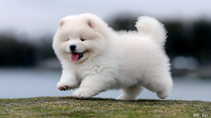 Playful puppy running in nature outdoor scene charming canine landscape joyful viewpoint