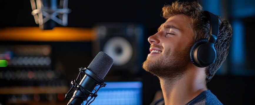 Man singing into microphone in recording studio