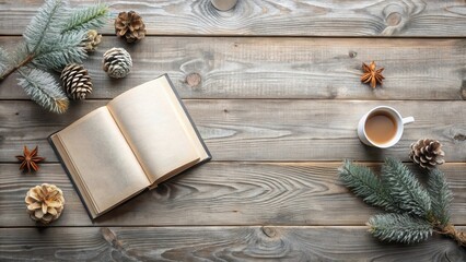 Serene Winter Solstice Still Life Featuring an Open Book, Pine Cones, Evergreen Branches, and a Warm Beverage on Rustic Wooden Surface