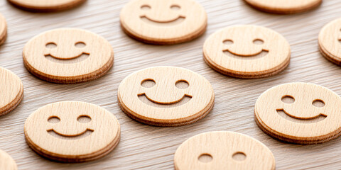 Happiness in minimalist design smiling faces wooden tokens for home office