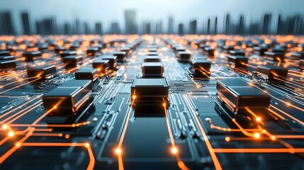 Fototapeta premium Abstract circuit board design with interconnected lines and nodes, modern technology business background