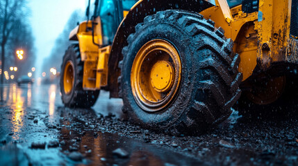 A powerful bulldozer pushing dirt on a construction site, symbolizing progress, strength, and transformation in modern infrastructure development and road construction