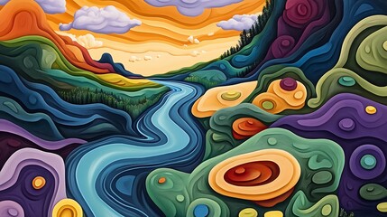 Vibrant River Valley Landscape: A Digital Painting of Sunset Hues AI Generated