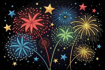 Fototapeta premium Colorful Fireworks Display With Sparkling Stars on a Black Background. Generative AI