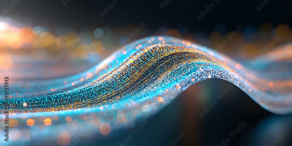 Fototapete Glowing wave of luminous particles flowing in dark space with blue and gold sparkles creating dynamic motion effect against black background.