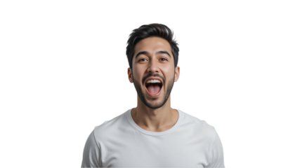 young man feeling excited isolated on transparent background