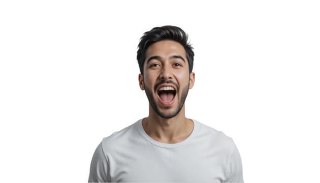 young man feeling excited isolated on transparent background