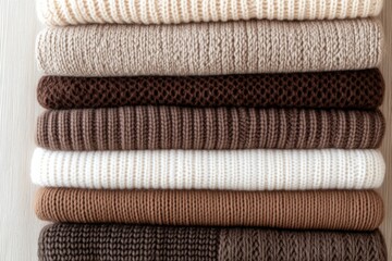 Soft knitted sweaters stacked neatly in warm brown and cream shades on a light wooden surface for cozy autumn vibes
