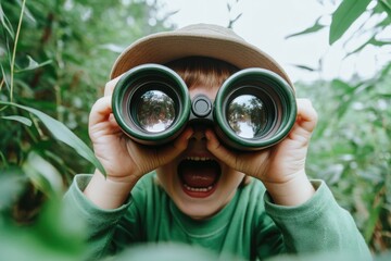 Excited child using binoculars to explore nature in a lush green environment during daylight