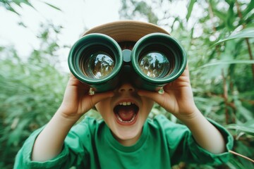 Child explores nature with binoculars in a lush green environment during a sunny day