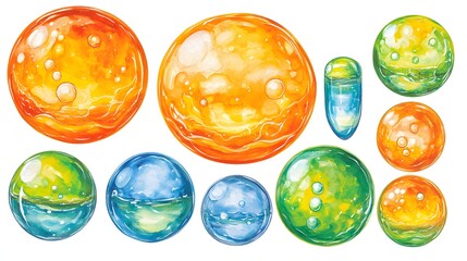 Colorful Watercolor Spheres and Bubbles in Vivid Shades of Orange and Green