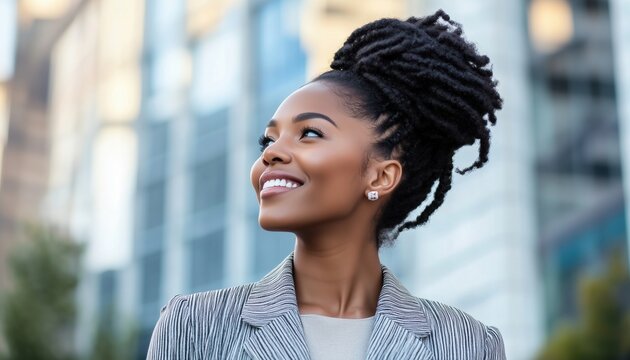 Confident African American Businesswoman With Afro Braids In Stylish Attire Smiling And Looking Away In Side View Against Building. - Powered by Adobe