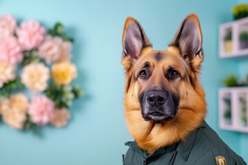 Obraz premium A cute German Shepherd in an office uniform, surrounded by pastel-colored flowers, against the background of a light blue wall. Close-up portrait photography, floral backdrop, happy and vibrant