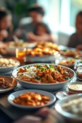 A beautifully set dining table features a plate of curried chicken with rice, surrounded by various dishes, as a family enjoys a warm, home-cooked meal together in the background