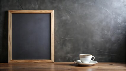 A blank dark slate board next to a steaming cup of coffee on a rustic wooden surface against a textured gray wall provides a serene workspace