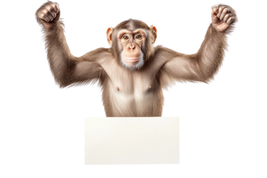 Monkey joyfully raising arms in play, cut out