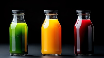 Fresh cold-pressed juices in glass bottles on dark background - green vegetable, orange citrus and red berry smoothies arranged in minimalist style.