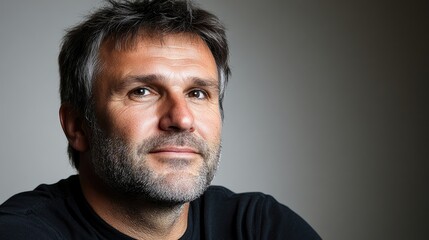 Obraz premium Confident man, studio portrait, grey background, thoughtful expression, profile picture