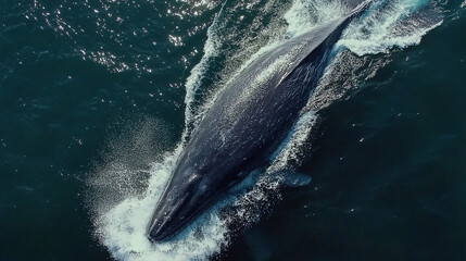 Fototapeta premium Whale breaching ocean surface. Majestic marine life captured in stunning aerial shot.