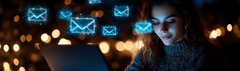 Young mixed race woman using tablet at night with glowing blue email icons floating above, bokeh lights creating magical communication atmosphere.