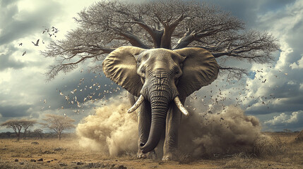 Fototapeta premium Majestic elephant strides across the savanna, kicking up dust under a barren tree, scattering birds in a dramatic display of raw power in nature.