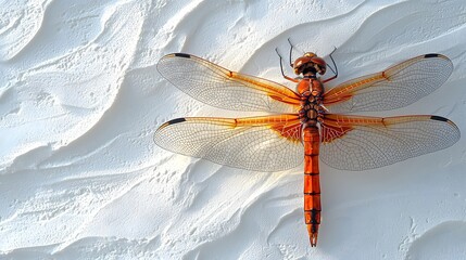 Detailed close up view of a dragonfly resting peacefully on a smooth white surface showcasing the insect s delicate features and elegant natural form in a minimalist serene style