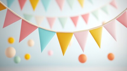 Colorful decorative bunting and pastel balls create a festive atmosphere for an event or celebration in a bright setting