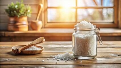 Sunlit Rustic Kitchen Scene with Jar of Coarse Salt and Wooden Utensils