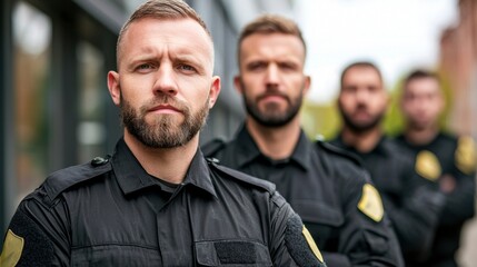 Confident Security Officers Team Serious Faces Urban Background Protection Service