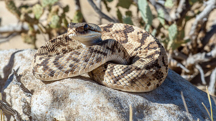Fototapeta premium Coiled rattlesnake on rock. Patterned scales blend with desert landscape. Danger and beauty coexist. Wildlife close-up, a potent symbol of the wild.