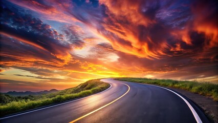 Naklejka premium Asphalt ribbon curving gently through a vibrant sunset landscape, fiery cloudscape reflecting on the road's surface, a journey towards the horizon