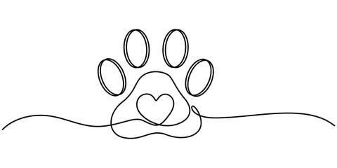 Dog or cat paw footprint and heart in continuous one line drawing of minimal out line art. Animal in heart Pets love concept abstract drawing, Dog and cat paw hearts drawn in one continuous line. Dog © Line emotion