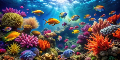 Vibrant underwater scene showcasing a diverse array of colorful fish swimming amidst a lush coral reef, teeming with life and exhibiting a breathtaking display of nature's artistry.