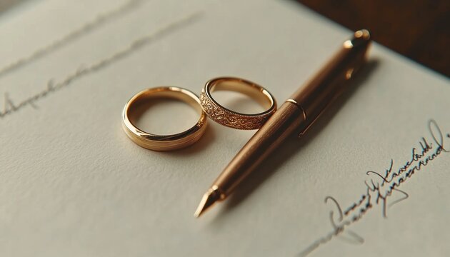 Romantic Prenuptial Agreement: Marriage Contract Featuring Two Golden Wedding Rings, Gold Pen, And Macro Close-Up Signatures On Document